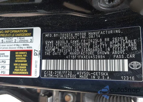 2014 Toyota Camry L/Se/Le/Xle from USA, damaged, VIN 4T1BF1FKXEU452894